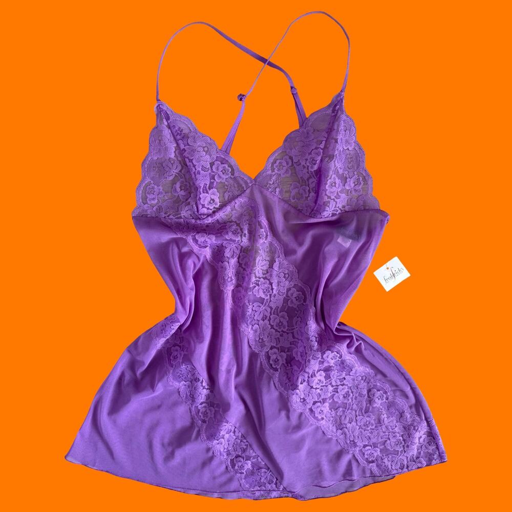 00's vintage purple lace mesh chemise y2k lingerie set LARGE *deadstock*